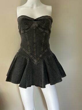 New Pink Black Denim Corset Mini Dress Skort Strapless Bustier Fit Flare Size S